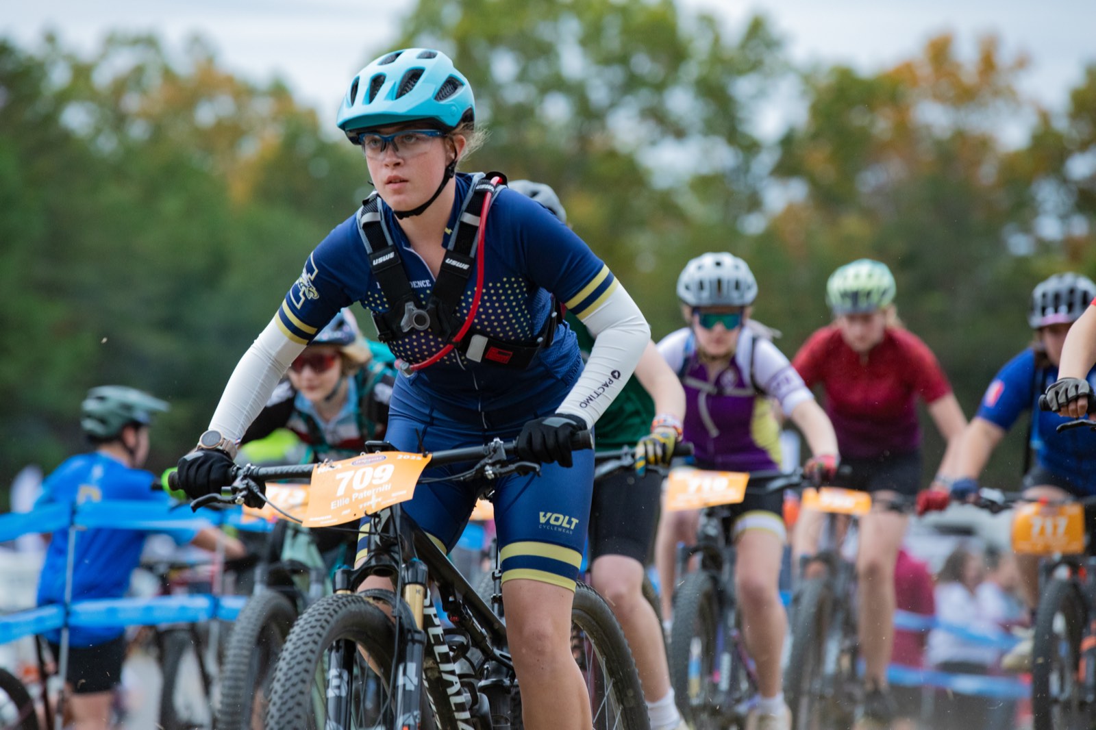 Indy rider staged at the front of a race start line