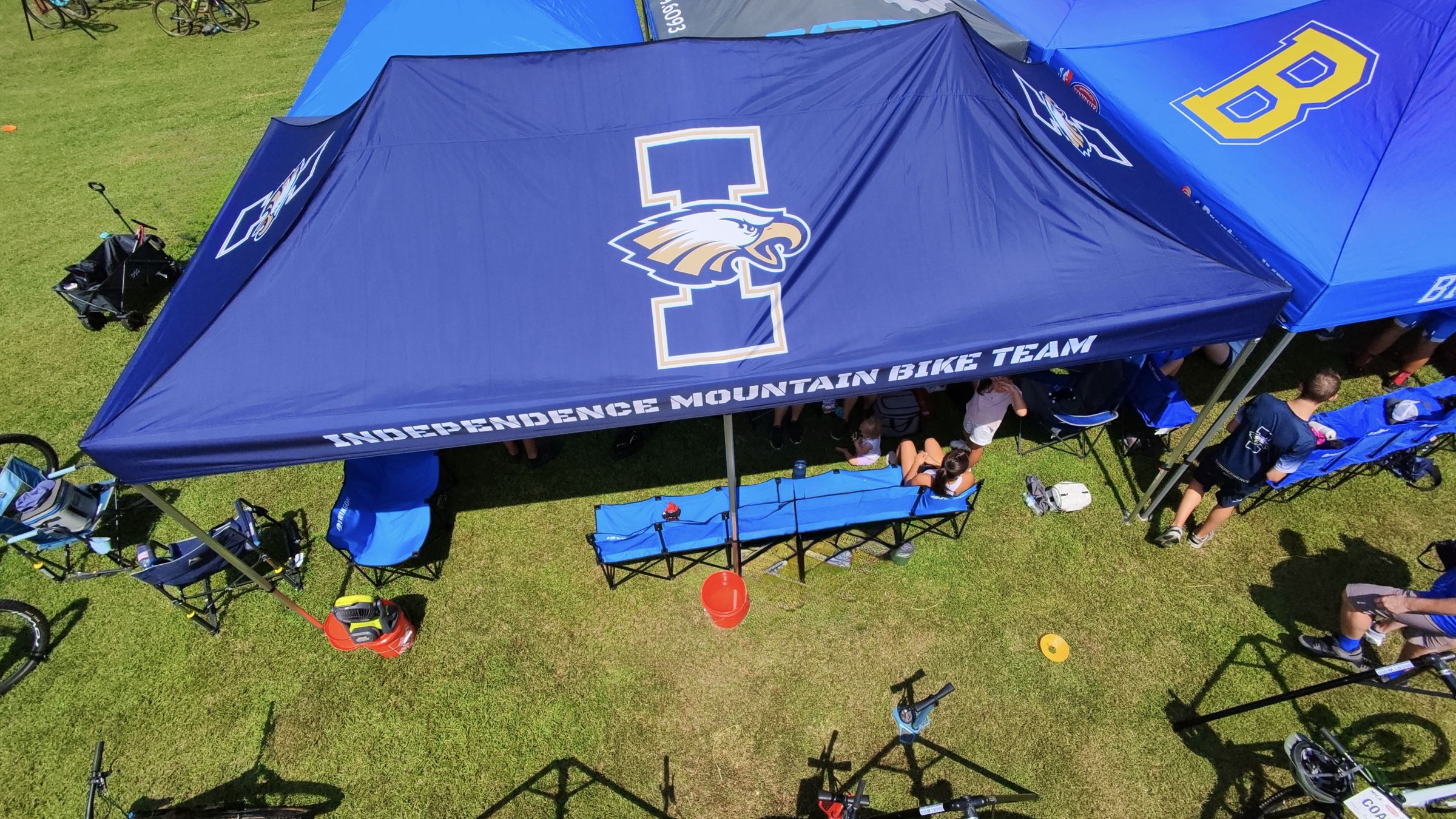 Drone view of the Independence Mountain Bike Team tent in the race pit zone